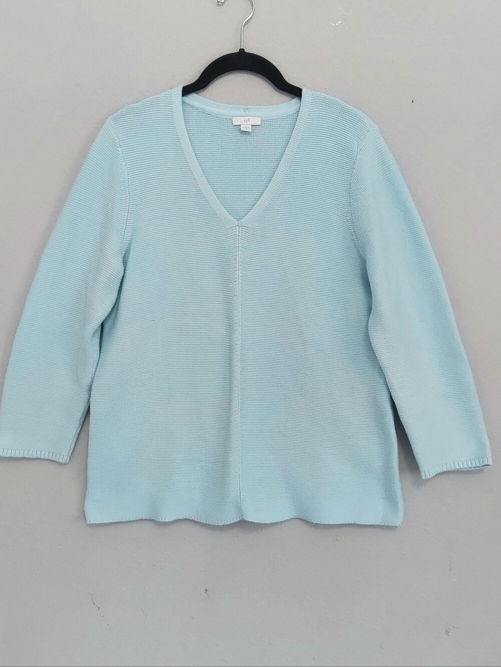 J. Jill Textured Vneck 3/4 Sleeve Cotton Blend Sweater Light Minty Blue Medium